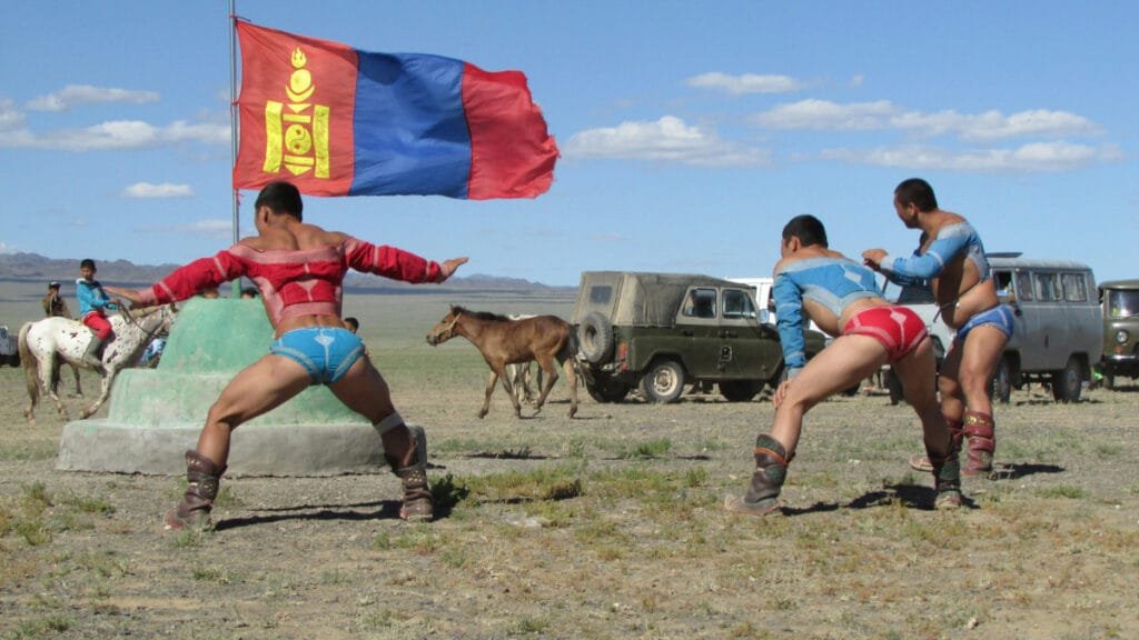 Wrestler participating in a wretling competition during the Naadam Festival